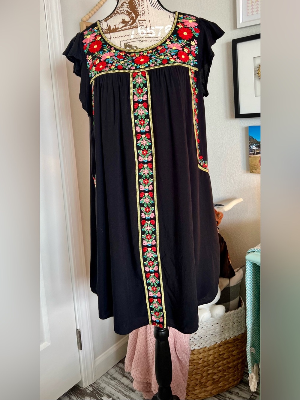 Savanna Jane Embroidered Boho Dress Black Red Floral Tunic Dress Large